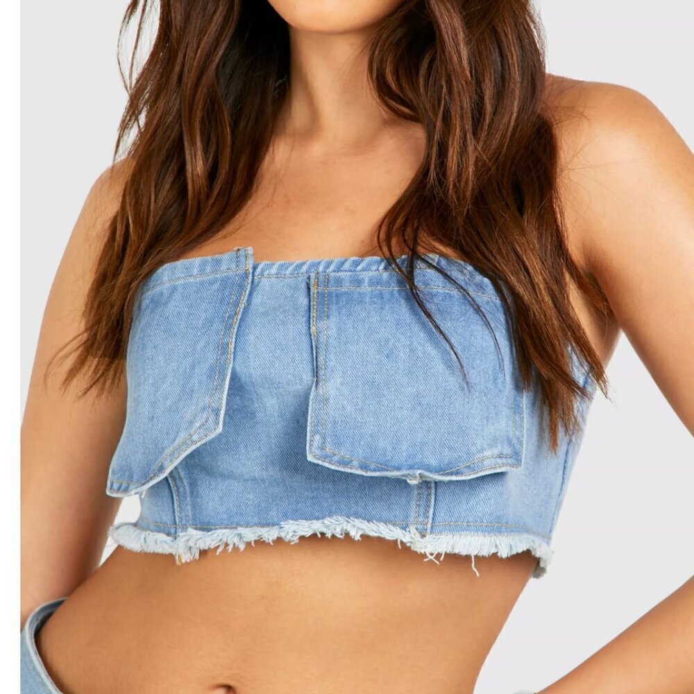 Boohoo Pocket Detail Fray Hem Denim Tube Top - NWT - Size 8